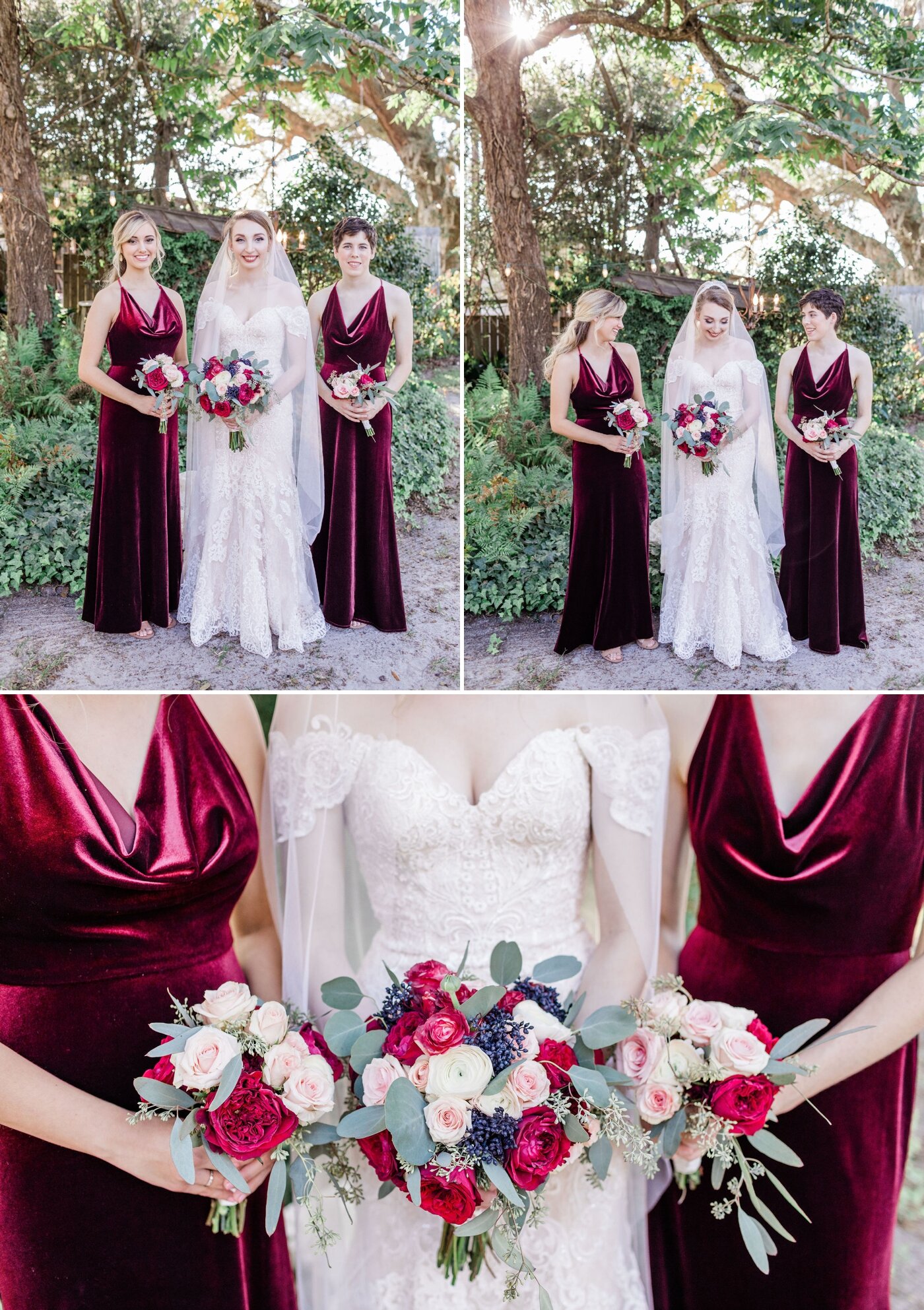 Red velvet bridesmaids dresses